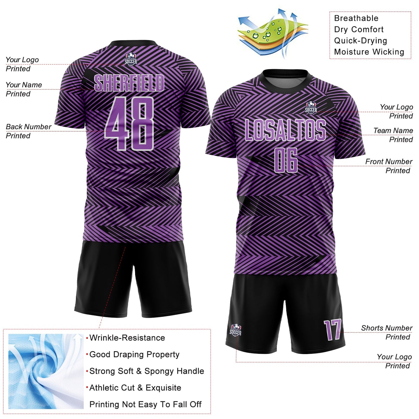 Custom Medium Purple Black-White Line Sublimation Soccer Uniform Jersey - Sky-Custom