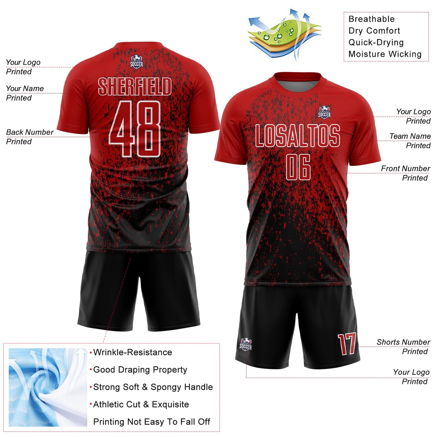 Custom Red Black-White Abstract Fragment Art Sublimation Soccer Uniform Jersey - Sky-Custom