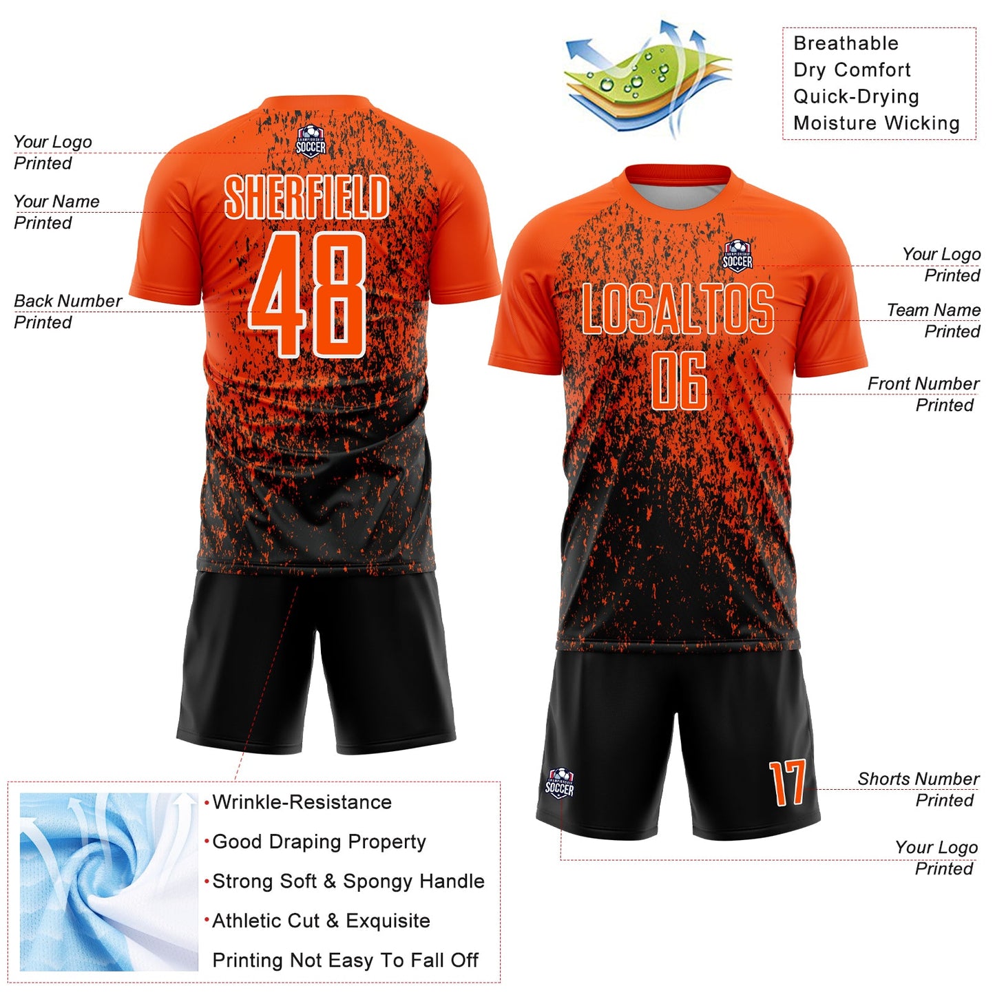 Custom Orange Black-White Abstract Fragment Art Sublimation Soccer Uniform Jersey - Sky-Custom