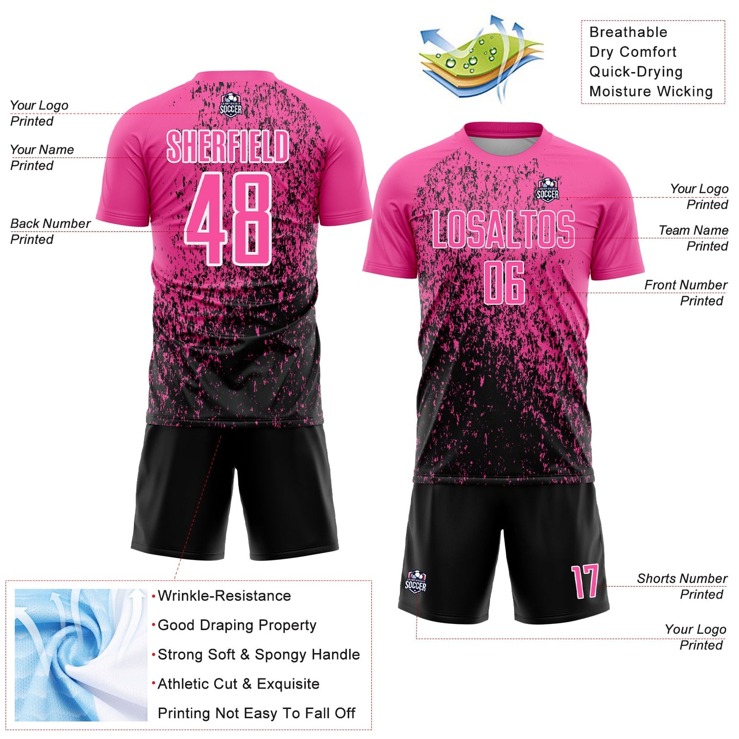Custom Pink Black-White Abstract Fragment Art Sublimation Soccer Uniform Jersey - Sky-Custom