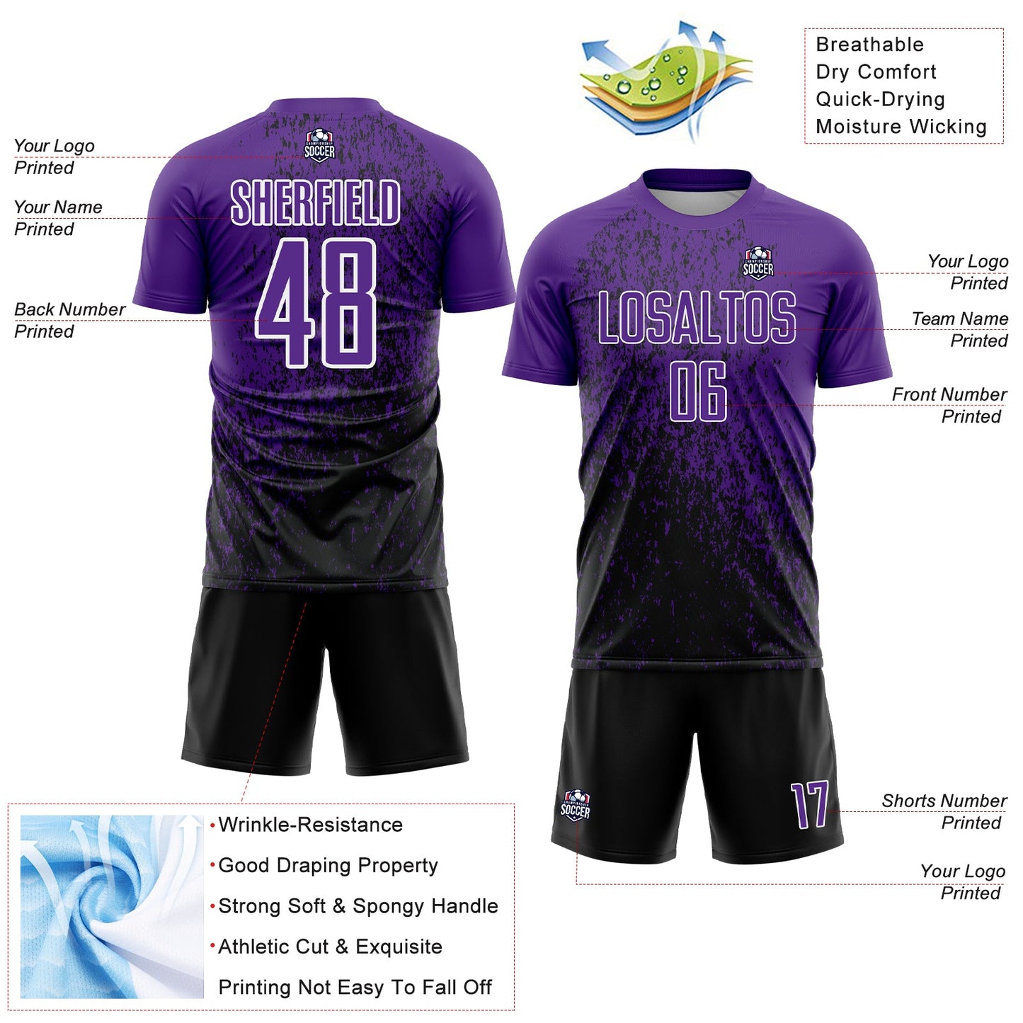 Custom Purple Black-White Abstract Fragment Art Sublimation Soccer Uniform Jersey - Sky-Custom