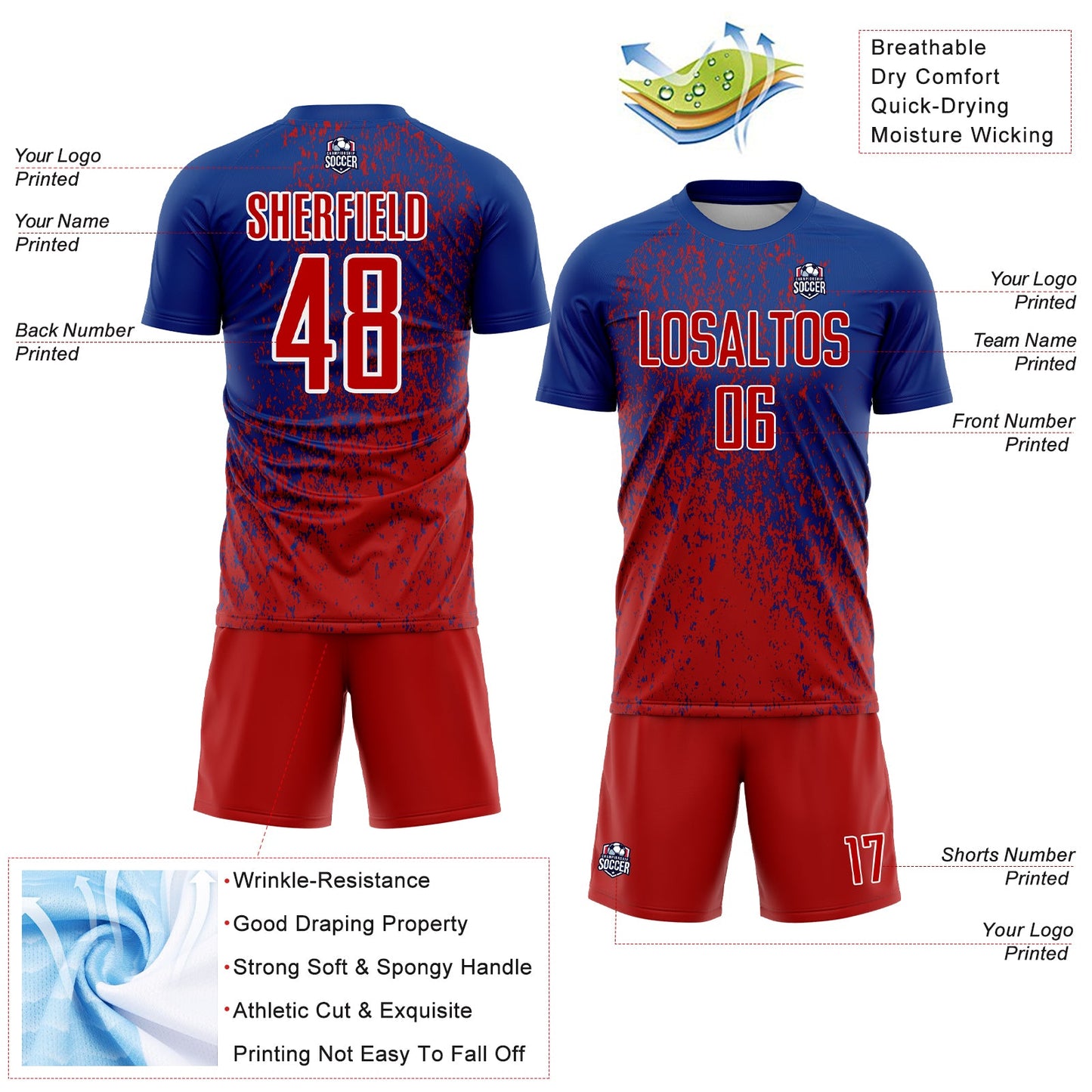 Custom Royal Red-White Abstract Fragment Art Sublimation Soccer Uniform Jersey - Sky-Custom