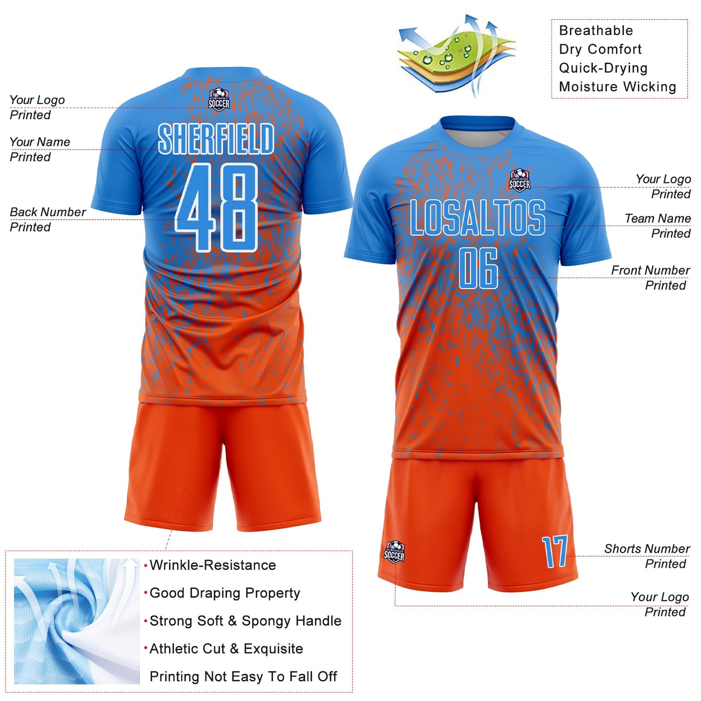Custom Powder Blue Orange-White Abstract Fragment Art Sublimation Soccer Uniform Jersey - Sky-Custom