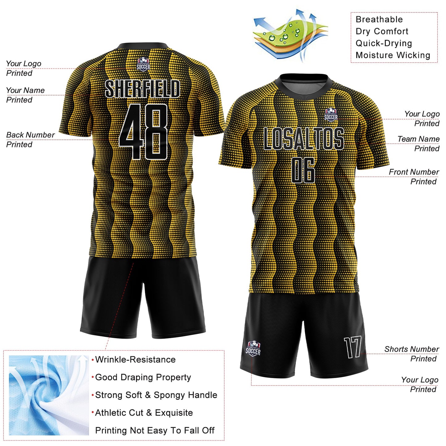Custom Black Yellow-White Geometric Shape Sublimation Soccer Uniform Jersey - Sky-Custom