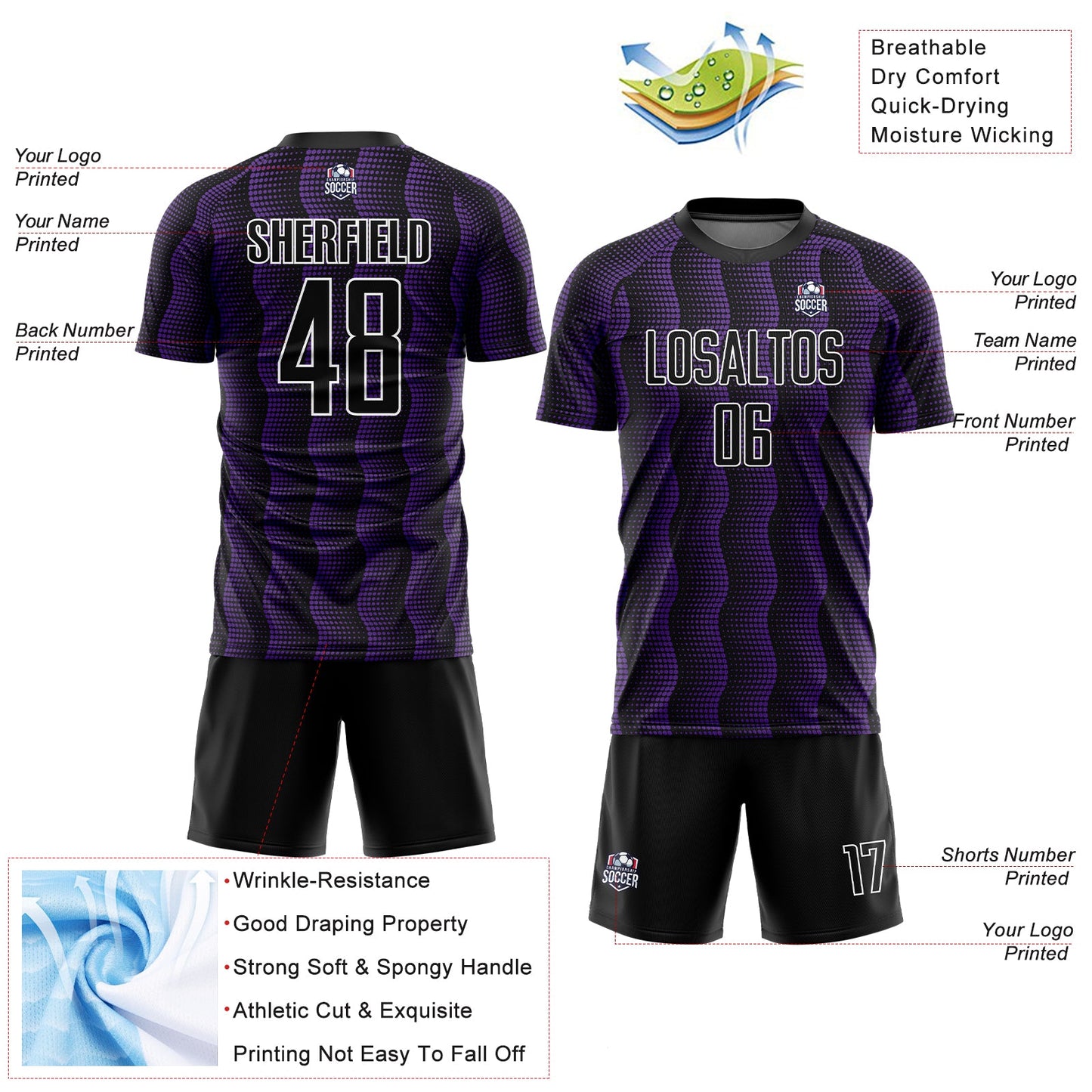 Custom Black Purple-White Geometric Shape Sublimation Soccer Uniform Jersey - Sky-Custom