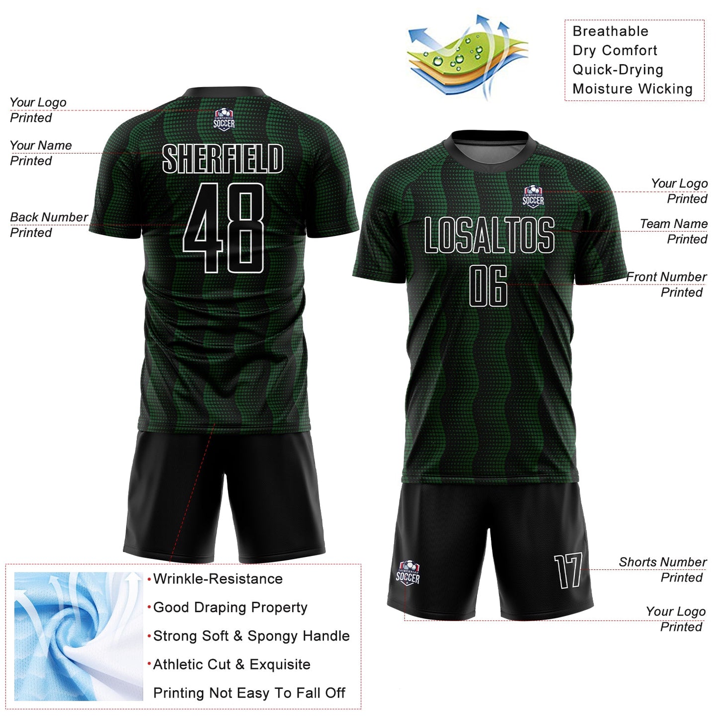 Custom Black Green-White Geometric Shape Sublimation Soccer Uniform Jersey - Sky-Custom