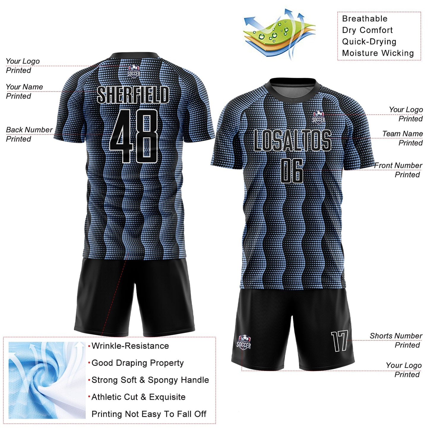 Custom Black Light Blue-White Geometric Shape Sublimation Soccer Uniform Jersey - Sky-Custom