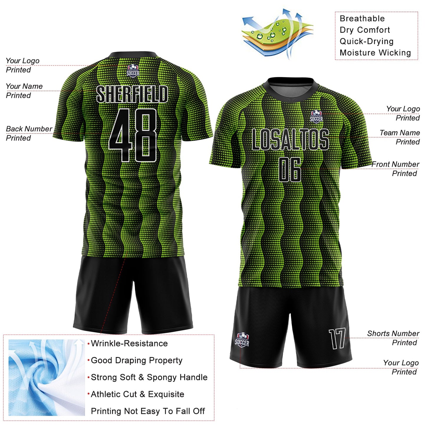 Custom Black Neon Green-White Geometric Shape Sublimation Soccer Uniform Jersey - Sky-Custom