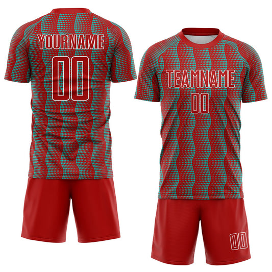 Custom Red Aqua-White Geometric Shape Sublimation Soccer Uniform Jersey - Sky-Custom