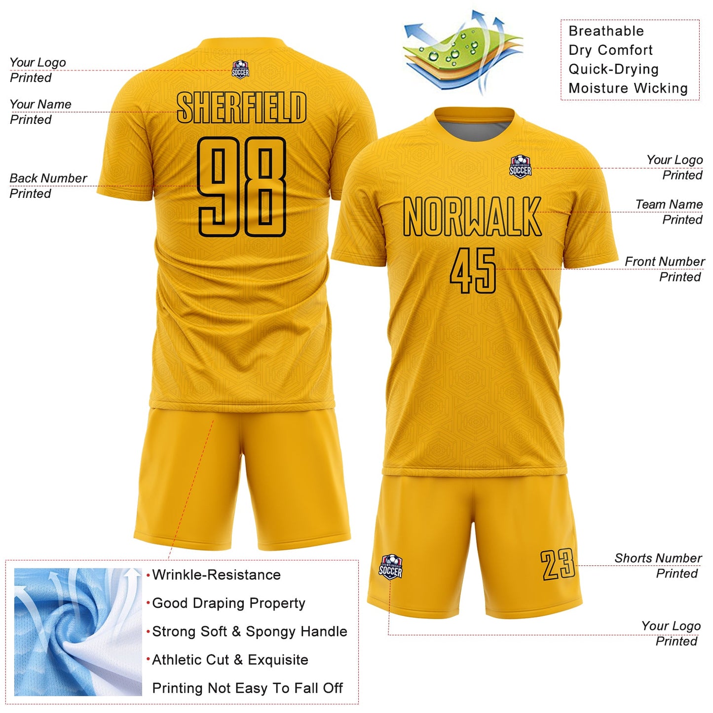 Custom Gold Black Geometric Shape Sublimation Soccer Uniform Jersey - Sky-Custom