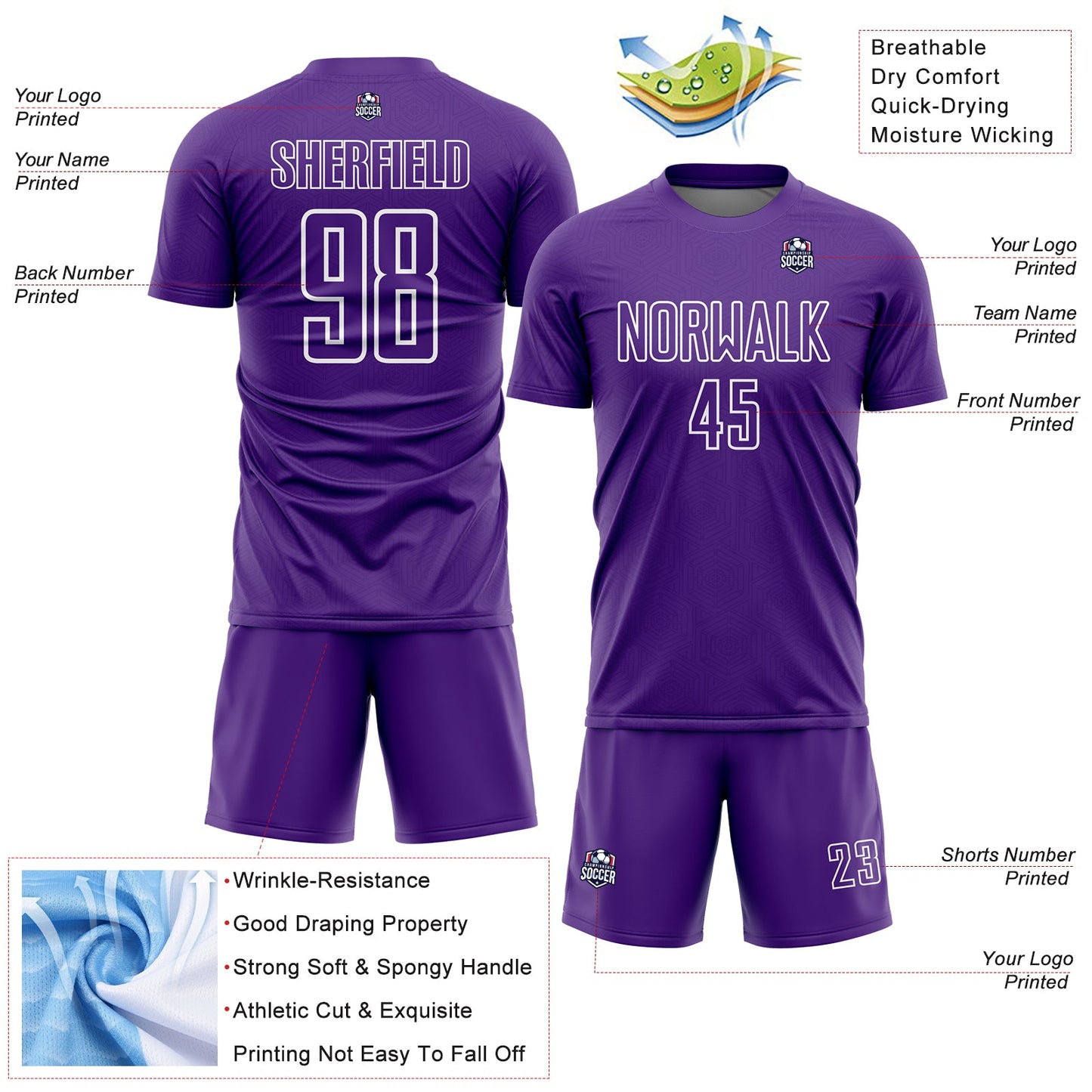 Custom Purple White Geometric Shape Sublimation Soccer Uniform Jersey - Sky-Custom