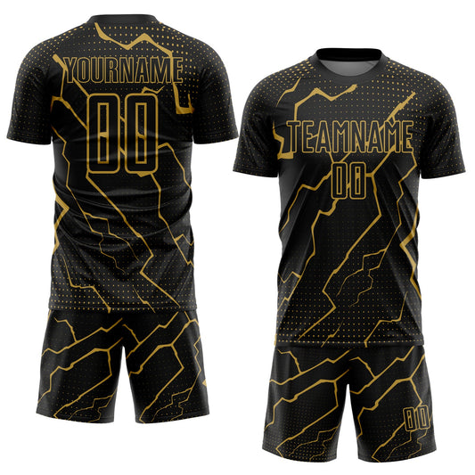 Custom Black Old Gold Lightning Sublimation Soccer Uniform Jersey - Sky-Custom
