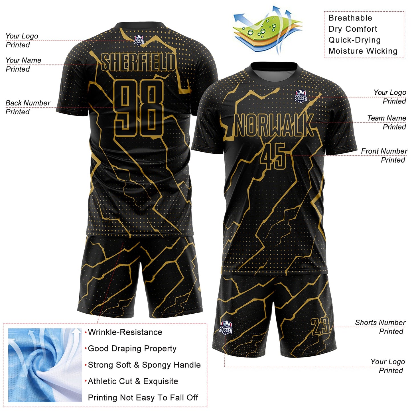 Custom Black Old Gold Lightning Sublimation Soccer Uniform Jersey - Sky-Custom