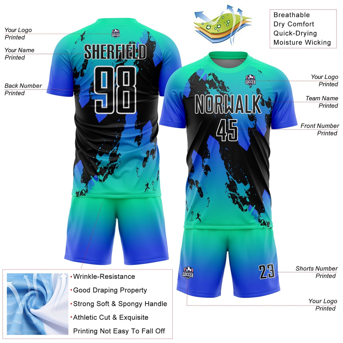 Custom Aqua Black-Thunder Blue Splash Sublimation Soccer Uniform Jersey - Sky-Custom