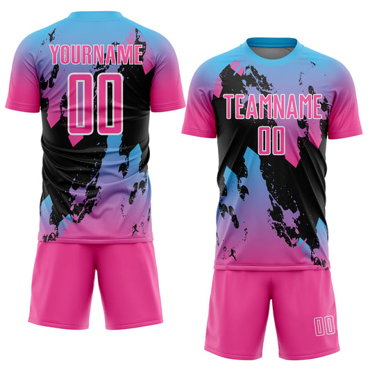 Custom Pink Sky Blue-Black Splash Sublimation Soccer Uniform Jersey - Sky-Custom