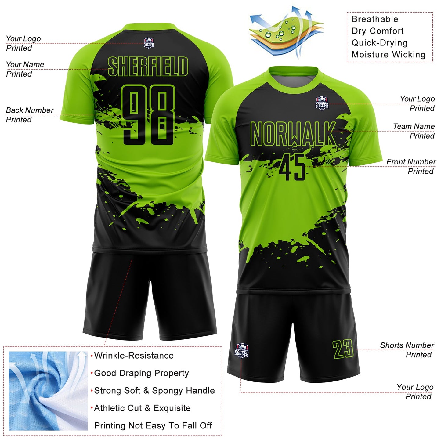 Custom Black Neon Green Splash Sublimation Soccer Uniform Jersey - Sky-Custom