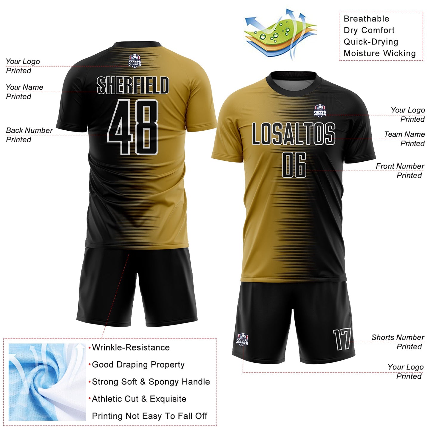Custom Black Old Gold-White Gradient Line Sublimation Soccer Uniform Jersey - Sky-Custom