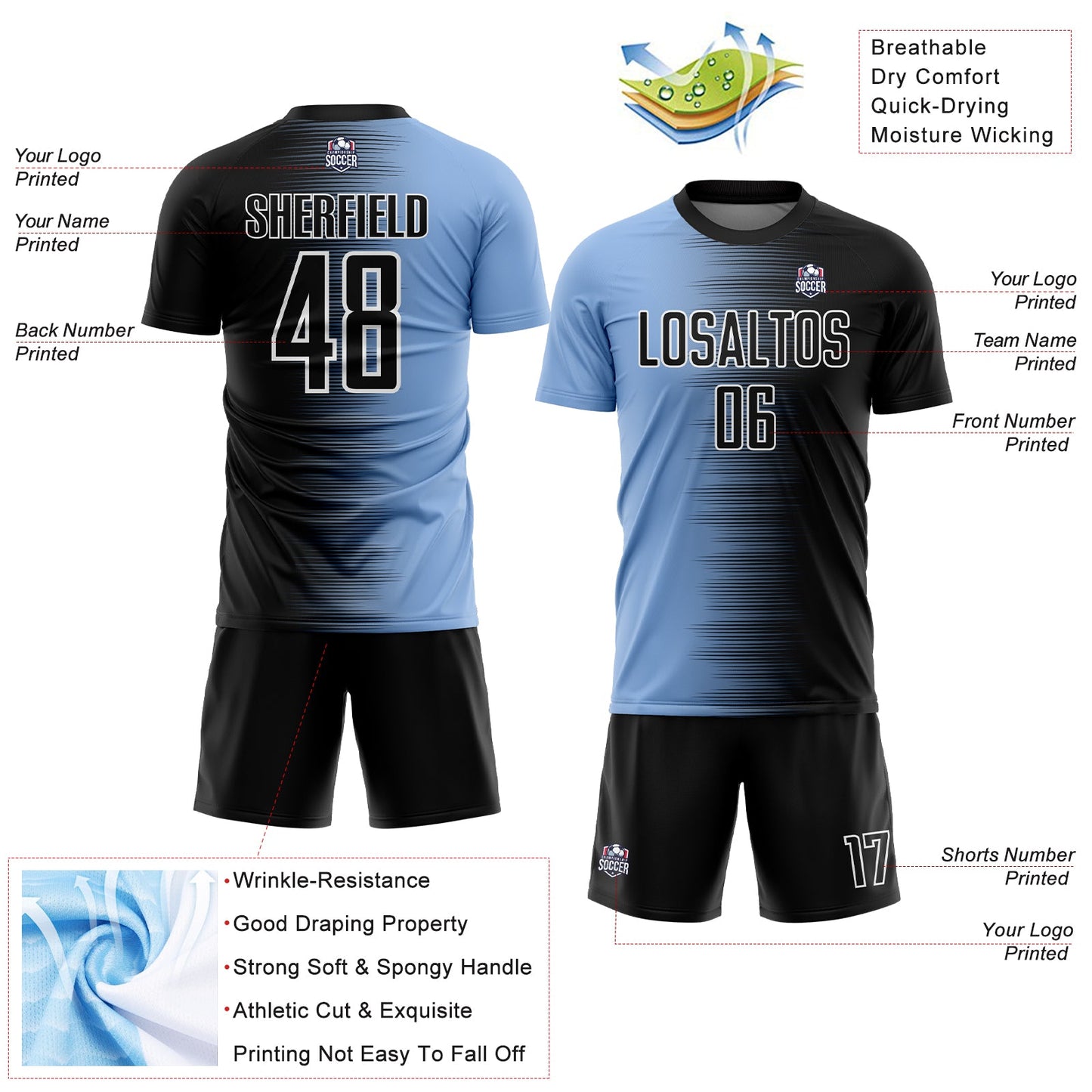 Custom Black Light Blue-White Gradient Line Sublimation Soccer Uniform Jersey - Sky-Custom