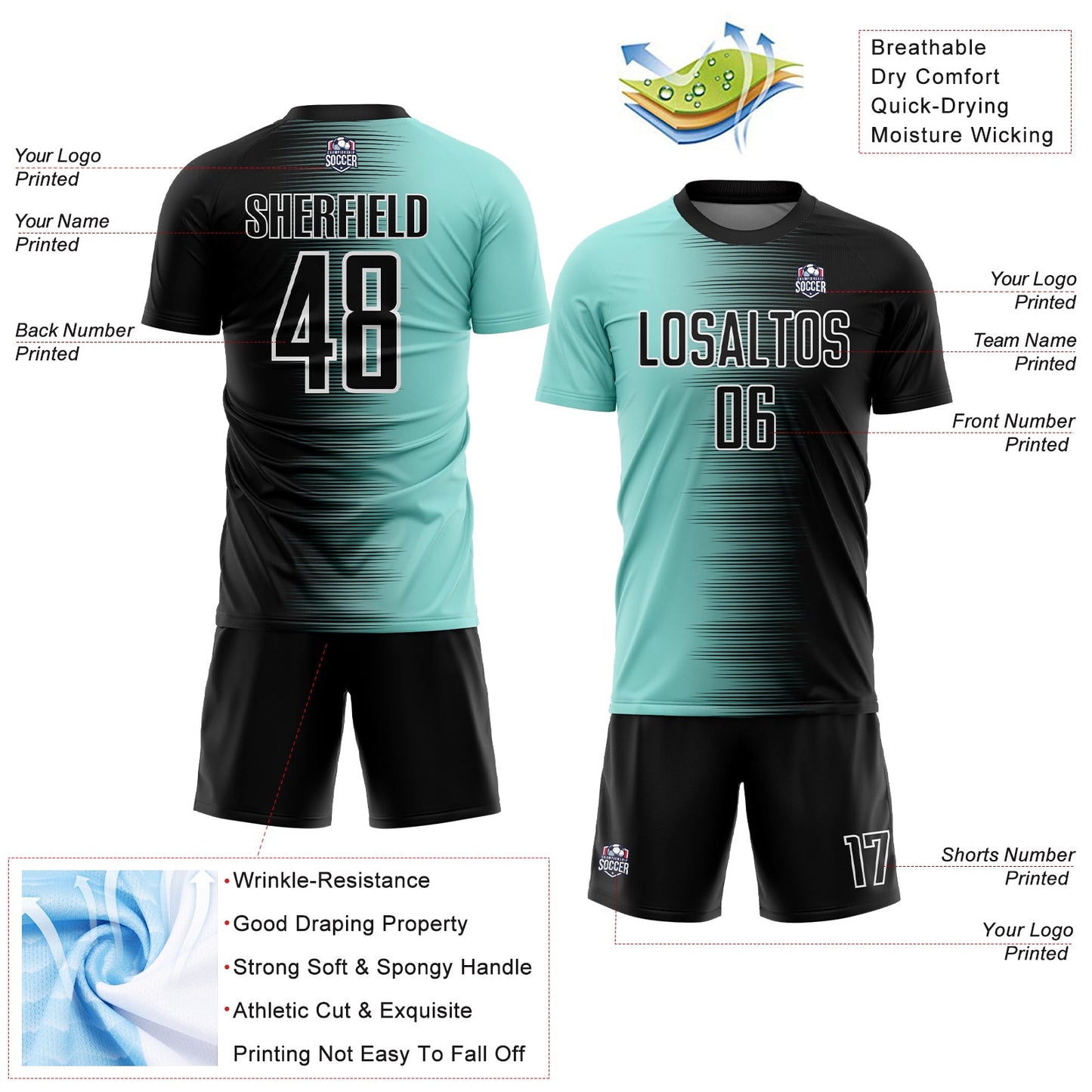 Custom Black Ice Blue-White Gradient Line Sublimation Soccer Uniform Jersey - Sky-Custom