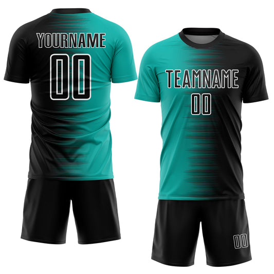 Custom Black Aqua-White Gradient Line Sublimation Soccer Uniform Jersey - Sky-Custom