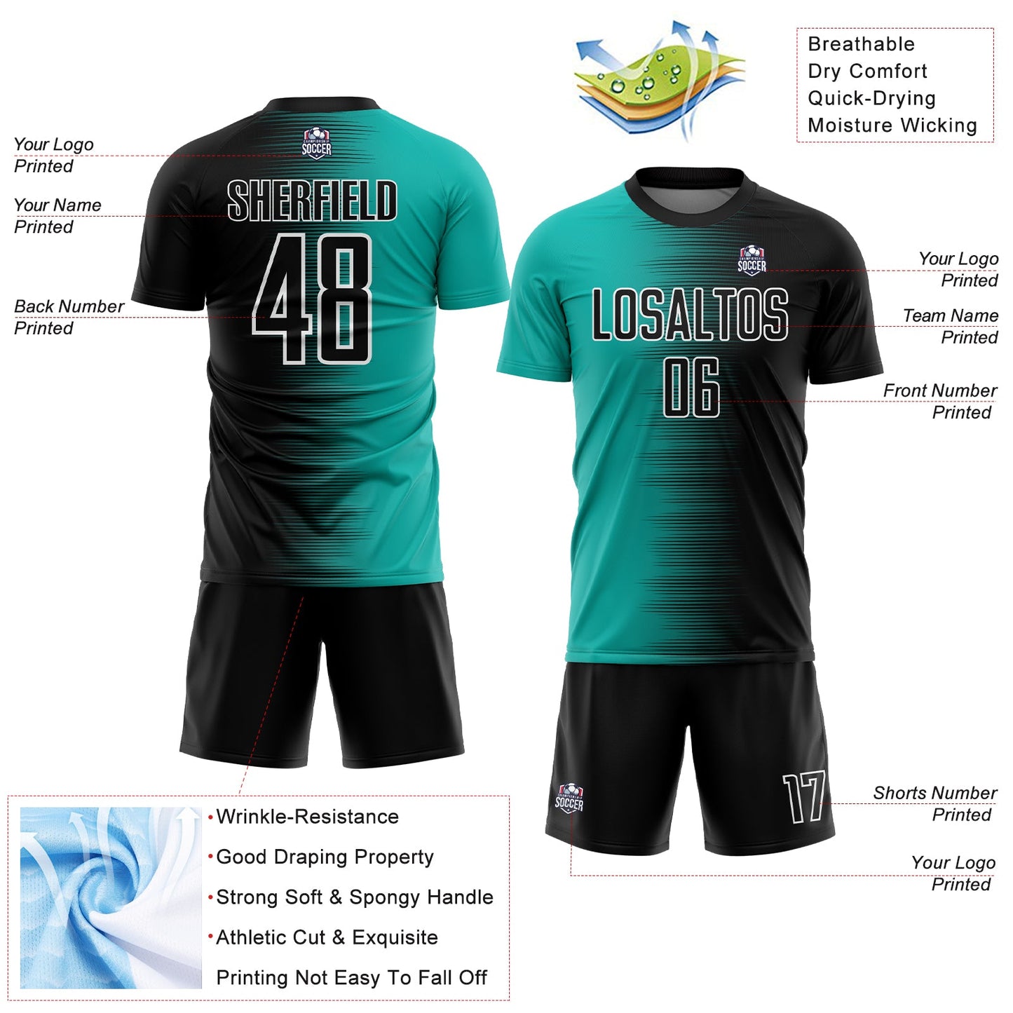 Custom Black Aqua-White Gradient Line Sublimation Soccer Uniform Jersey - Sky-Custom