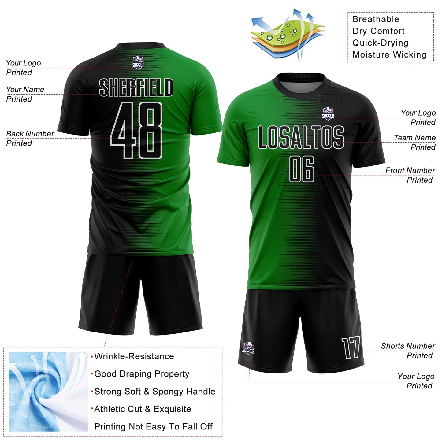 Custom Black Grass Green-White Gradient Line Sublimation Soccer Uniform Jersey - Sky-Custom