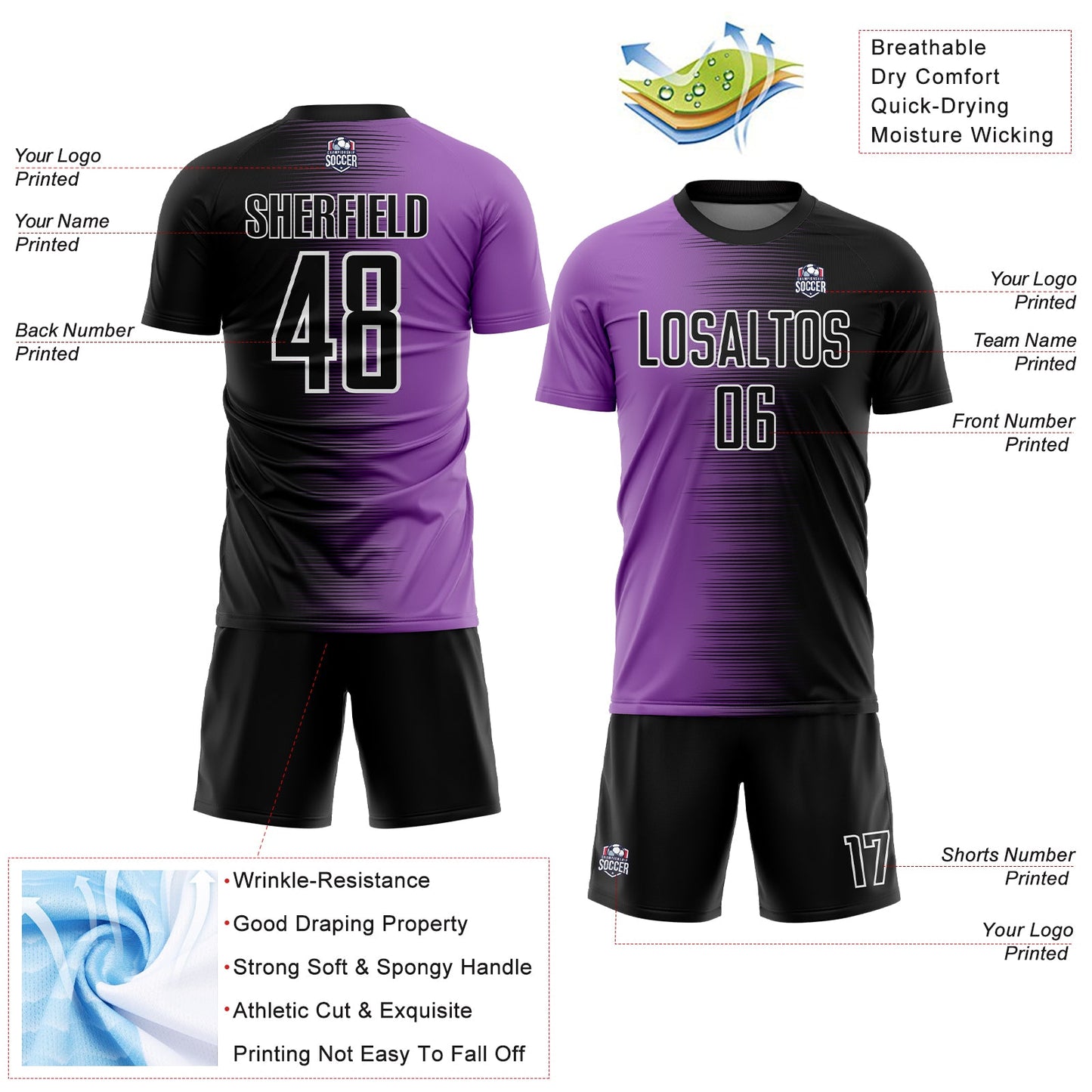 Custom Black Medium Purple-White Gradient Line Sublimation Soccer Uniform Jersey - Sky-Custom