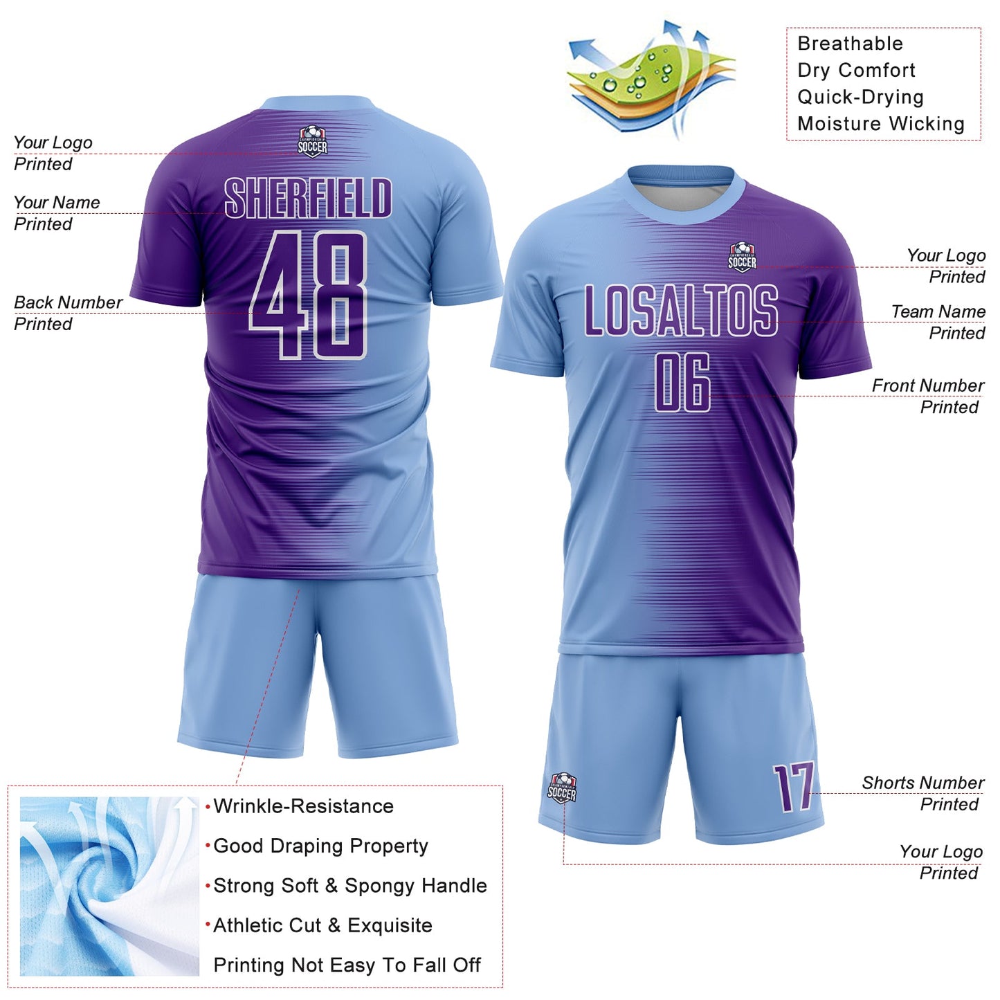 Custom Light Blue Purple-White Gradient Line Sublimation Soccer Uniform Jersey - Sky-Custom
