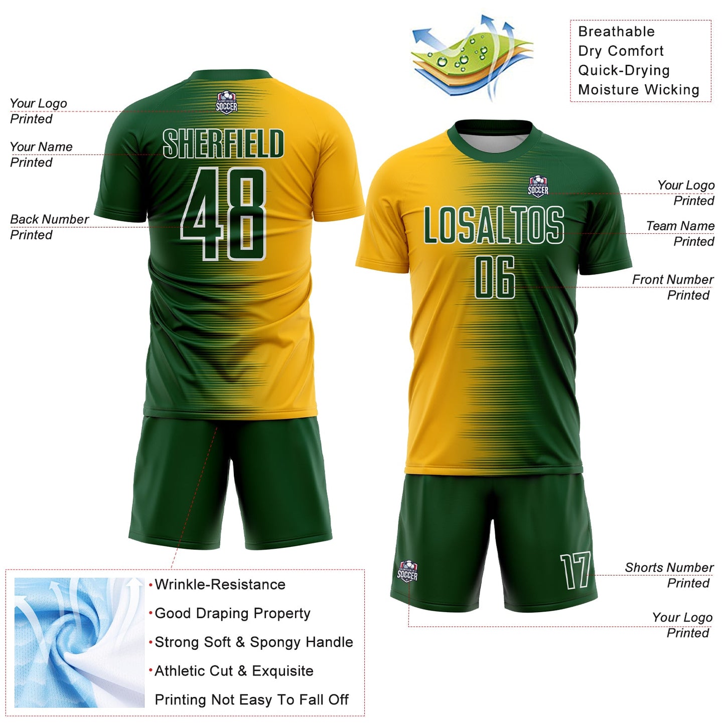 Custom Green Gold-White Gradient Line Sublimation Soccer Uniform Jersey - Sky-Custom