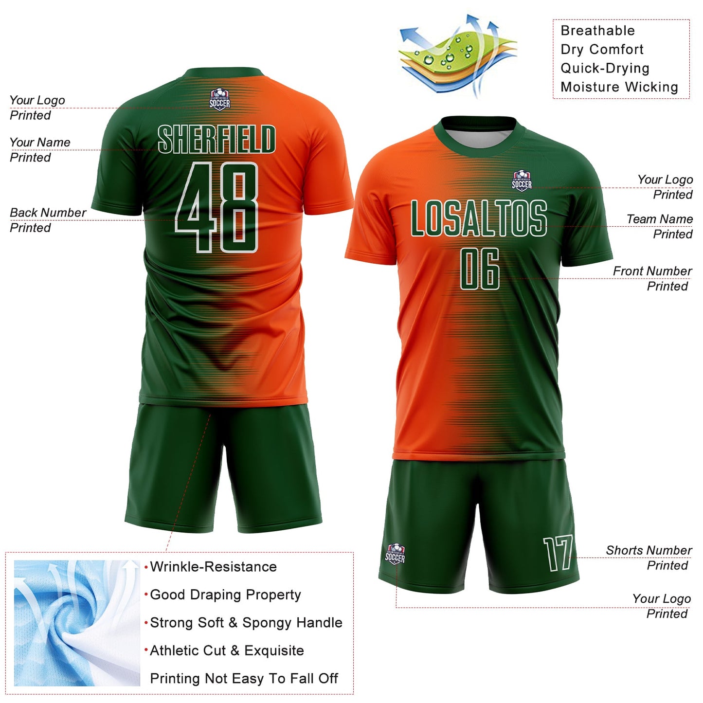 Custom Green Orange-White Gradient Line Sublimation Soccer Uniform Jersey - Sky-Custom