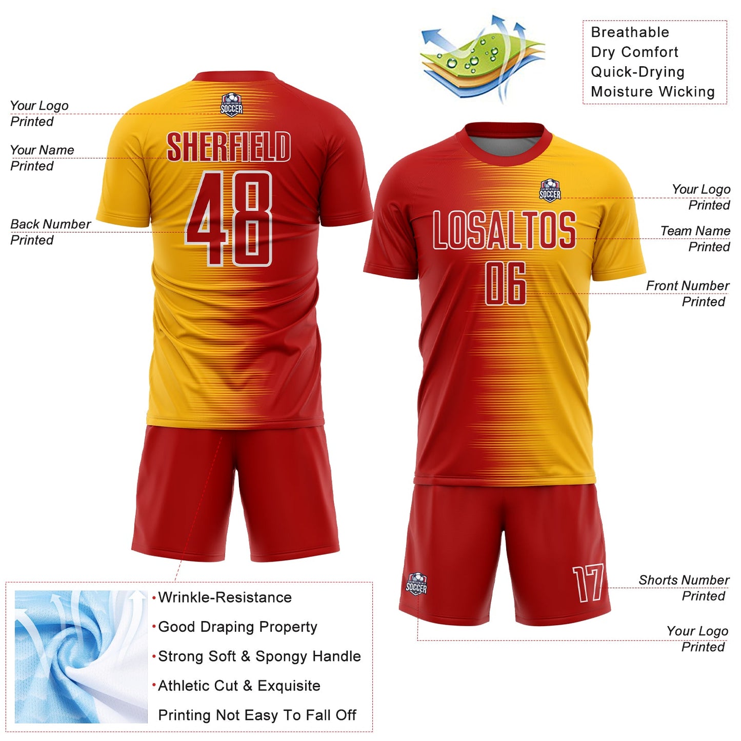 Custom Red Gold-White Gradient Line Sublimation Soccer Uniform Jersey - Sky-Custom