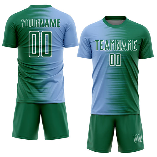 Custom Kelly Green Light Blue-White Gradient Line Sublimation Soccer Uniform Jersey - Sky-Custom