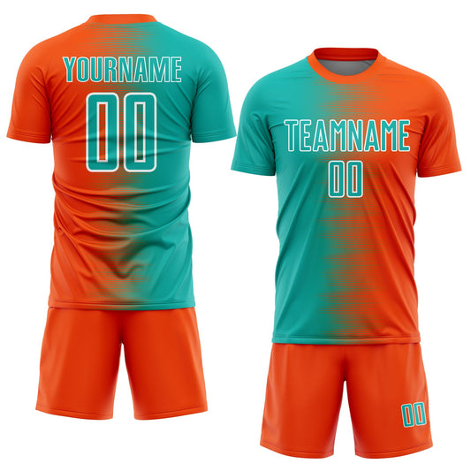 Custom Orange Aqua-White Gradient Line Sublimation Soccer Uniform Jersey - Sky-Custom