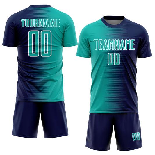 Custom Navy Aqua-White Gradient Line Sublimation Soccer Uniform Jersey - Sky-Custom