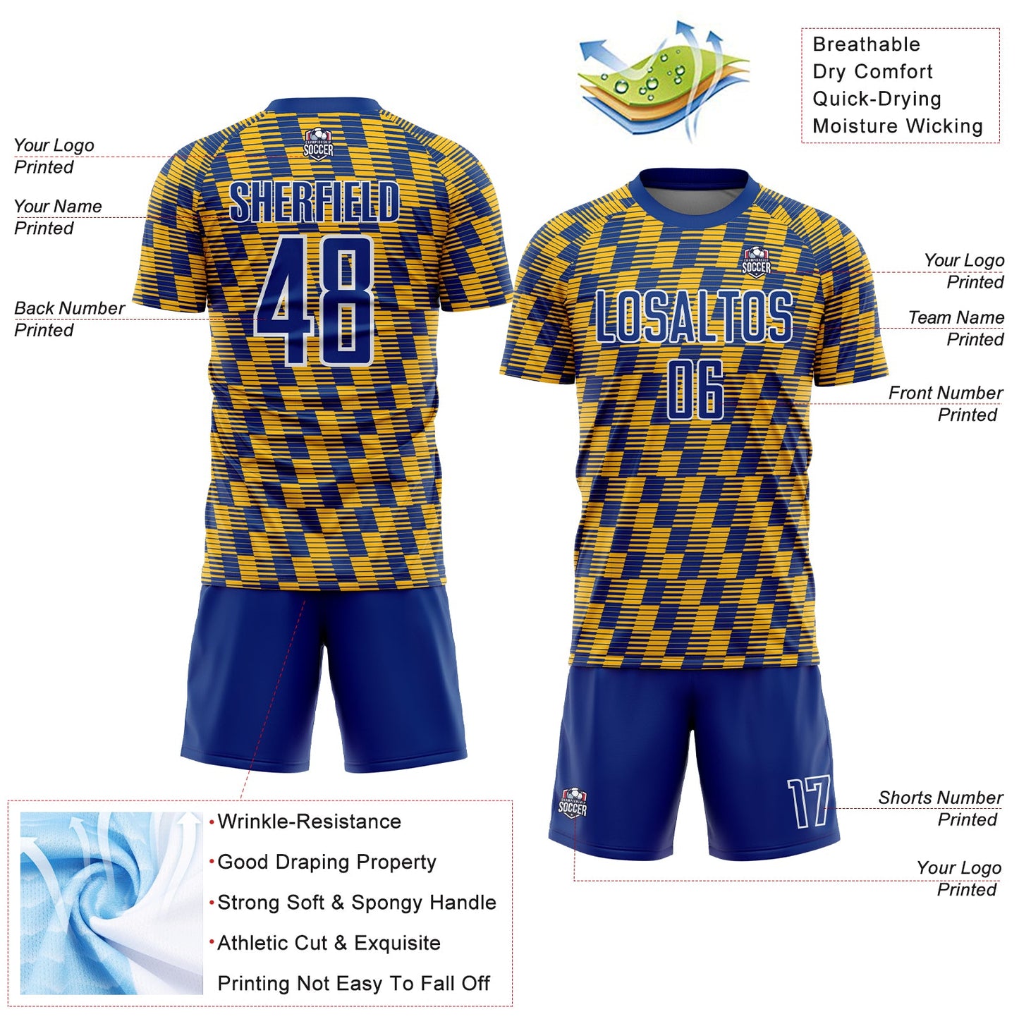 Custom Royal Gold-White Line Sublimation Soccer Uniform Jersey - Sky-Custom