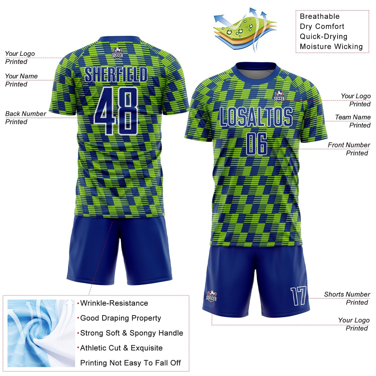 Custom Royal Neon Green-White Line Sublimation Soccer Uniform Jersey - Sky-Custom