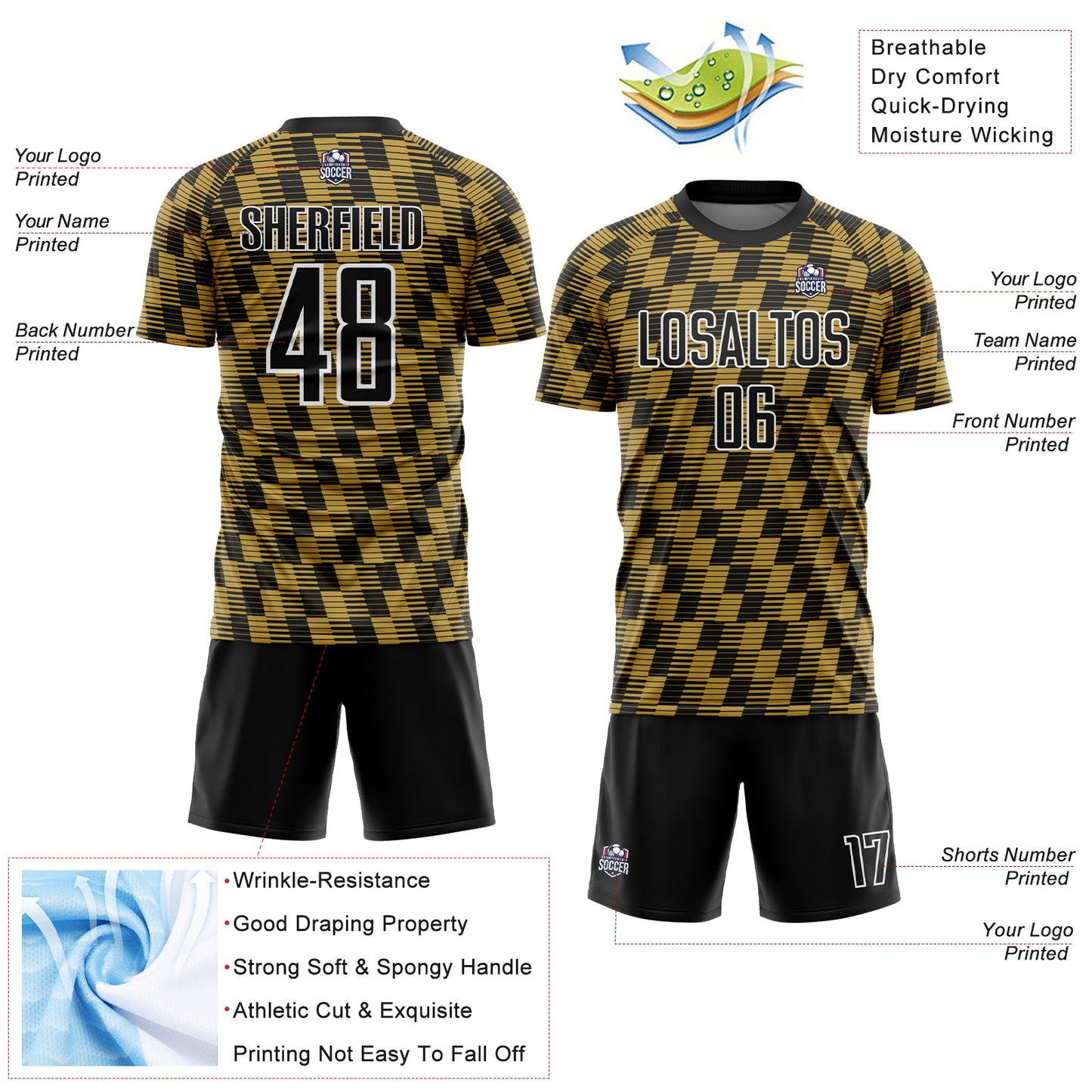 Custom Black Old Gold-White Line Sublimation Soccer Uniform Jersey - Sky-Custom