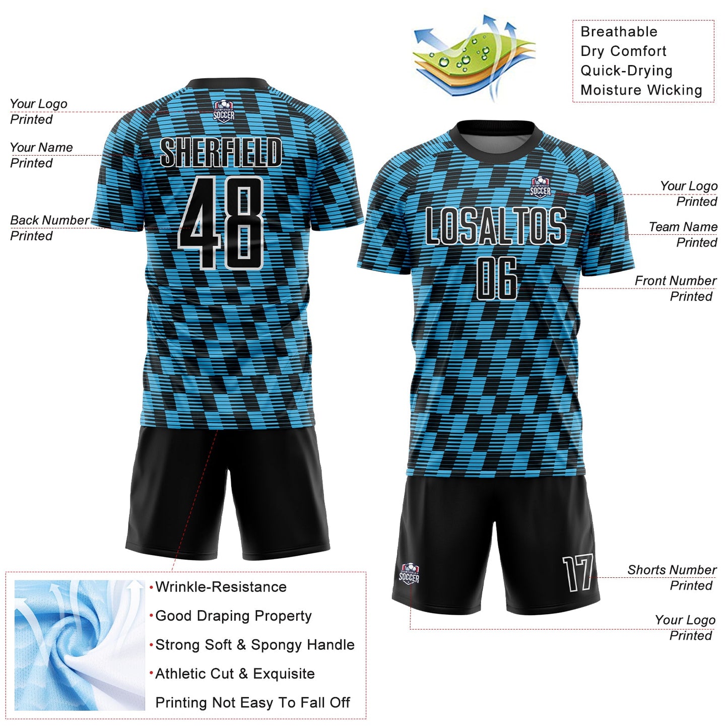 Custom Black Sky Blue-White Line Sublimation Soccer Uniform Jersey - Sky-Custom