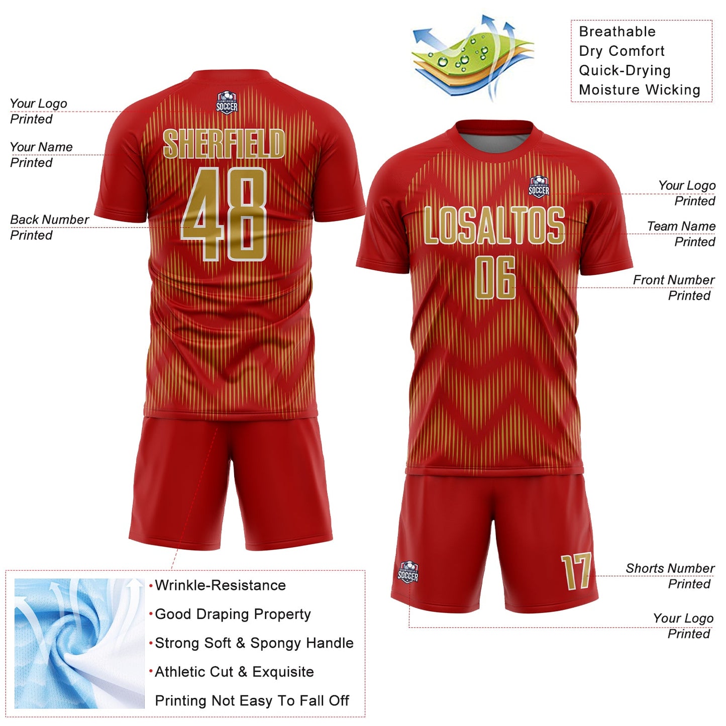 Custom Red Old Gold-White Line Sublimation Soccer Uniform Jersey - Sky-Custom