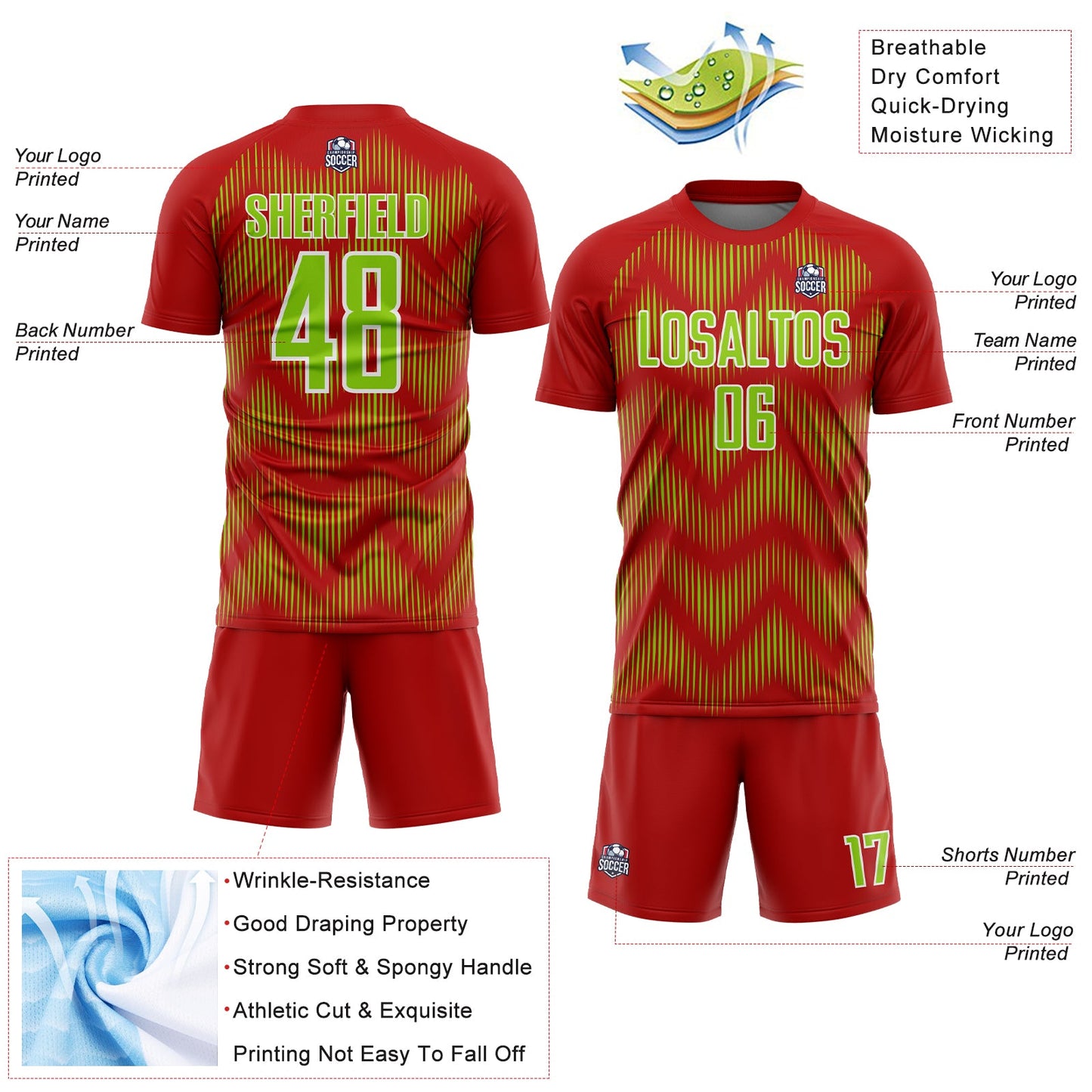 Custom Red Neon Green-White Line Sublimation Soccer Uniform Jersey - Sky-Custom