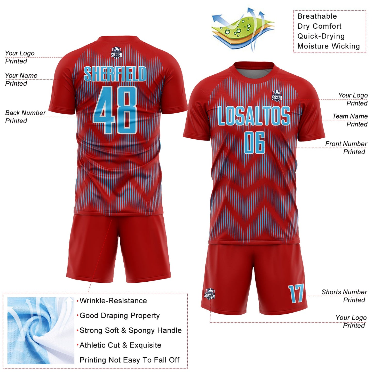 Custom Red Sky Blue-White Line Sublimation Soccer Uniform Jersey - Sky-Custom