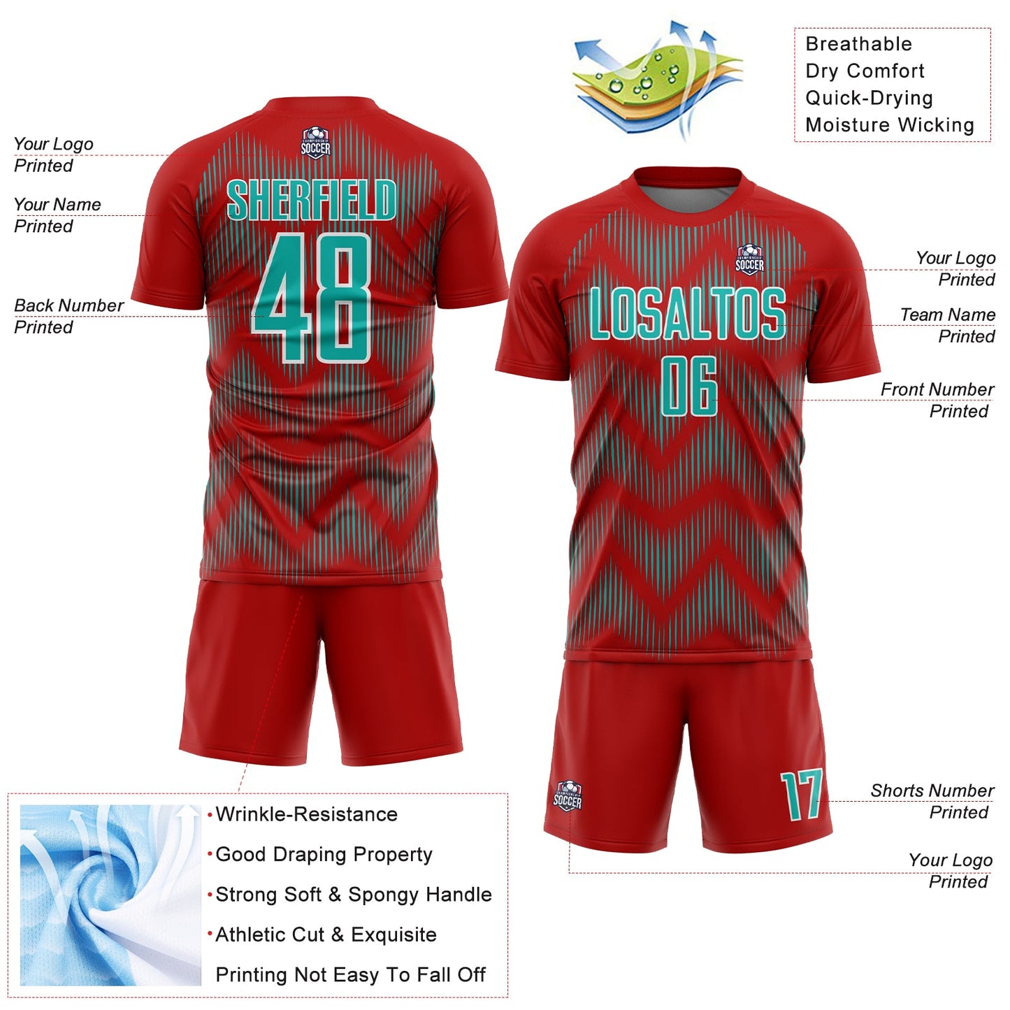 Custom Red Aqua-White Line Sublimation Soccer Uniform Jersey - Sky-Custom