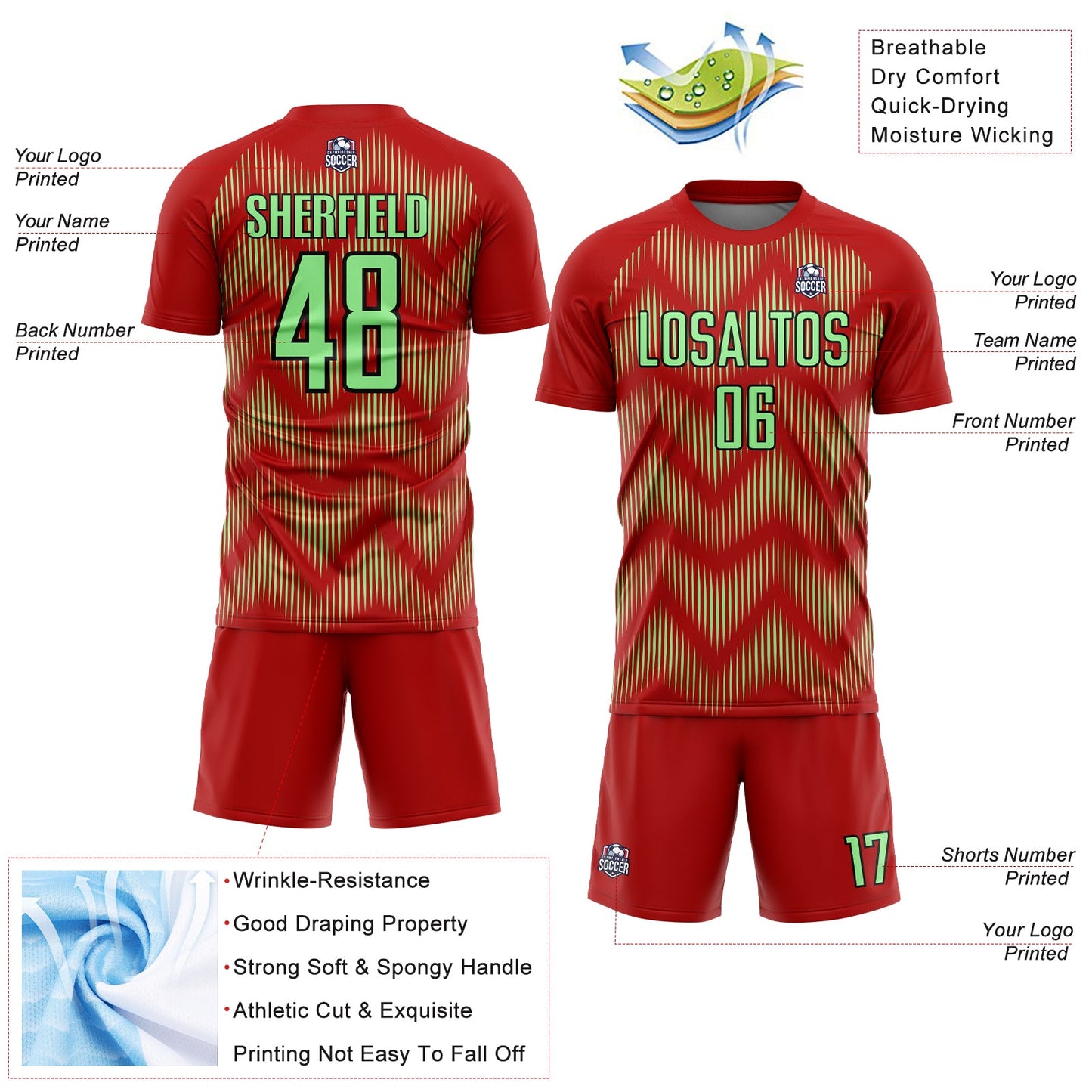 Custom Red Pea Green-Black Line Sublimation Soccer Uniform Jersey - Sky-Custom
