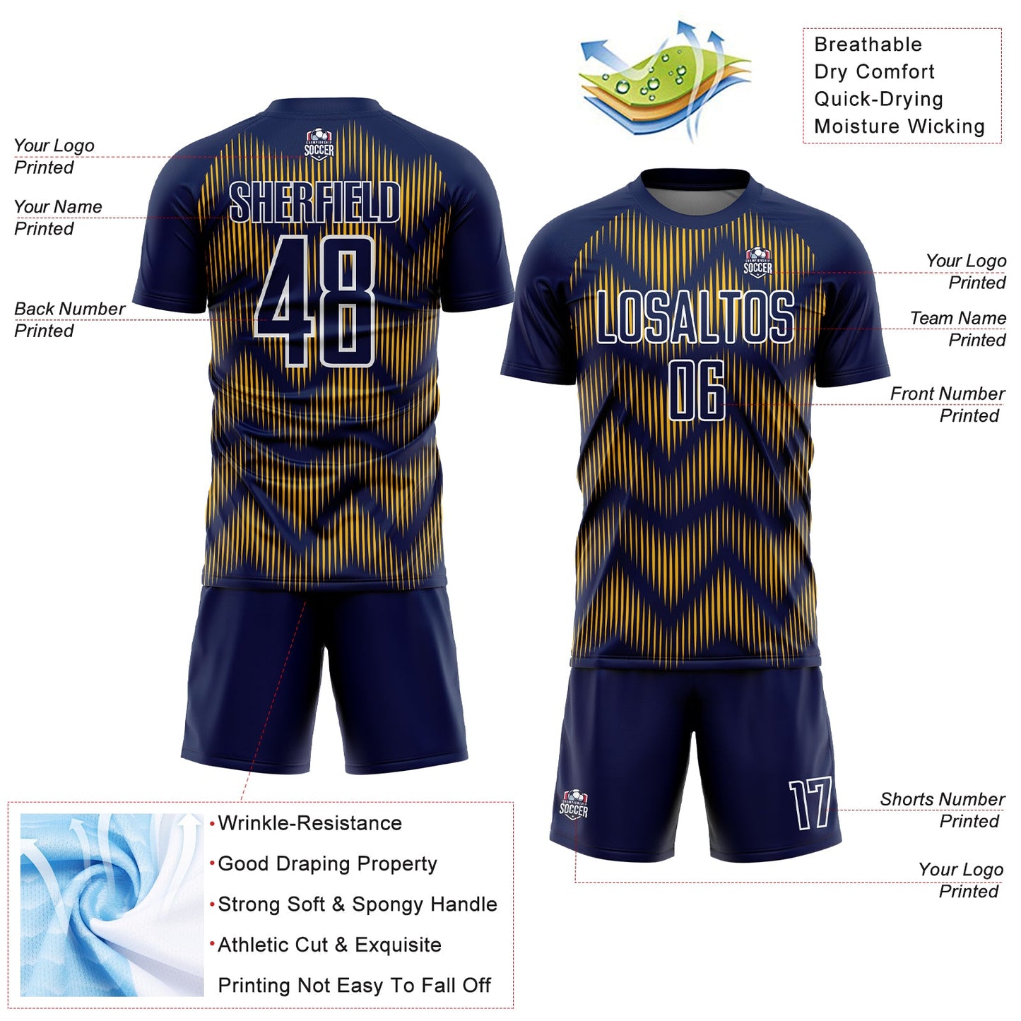 Custom Navy Gold-White Line Sublimation Soccer Uniform Jersey - Sky-Custom
