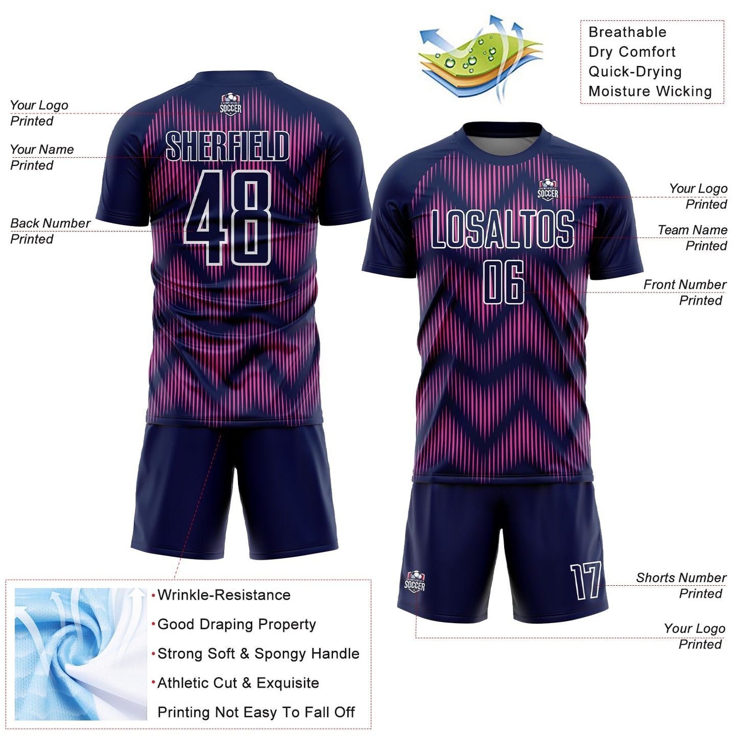 Custom Navy Pink-White Line Sublimation Soccer Uniform Jersey - Sky-Custom