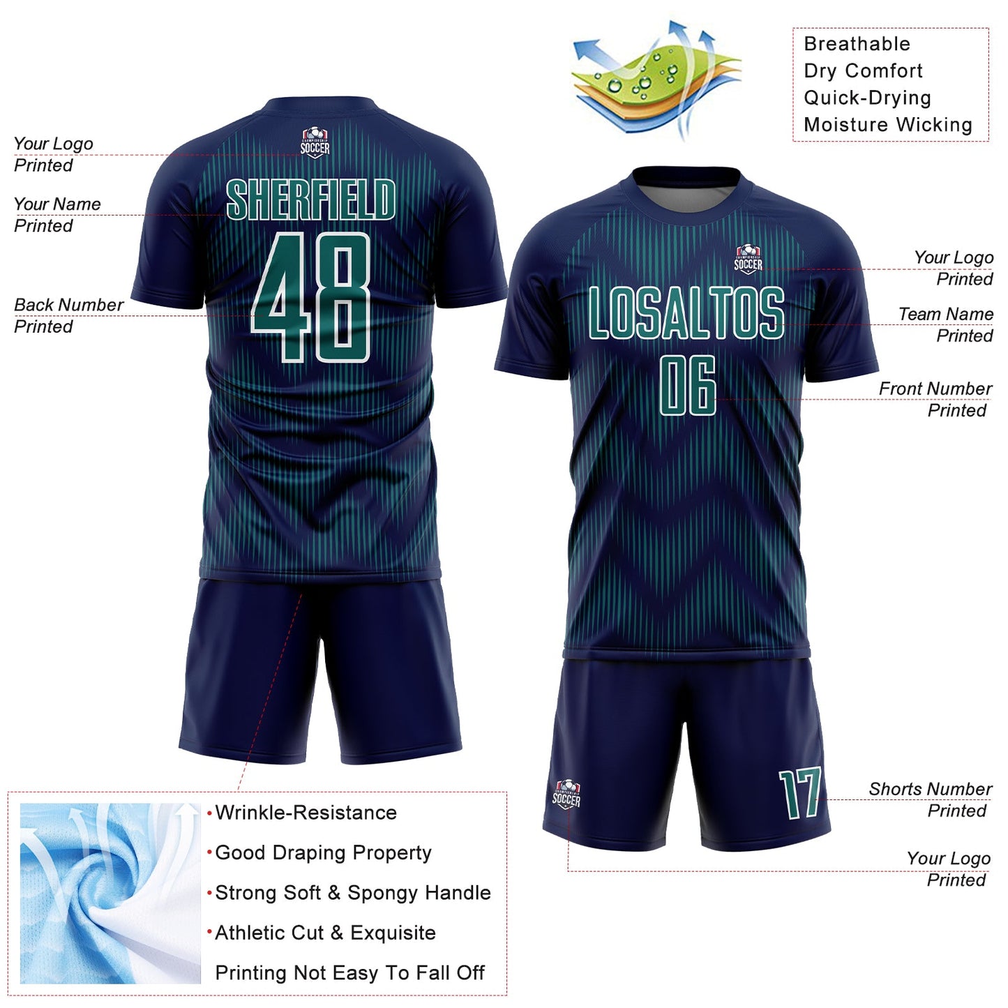 Custom Navy Teal-White Line Sublimation Soccer Uniform Jersey - Sky-Custom