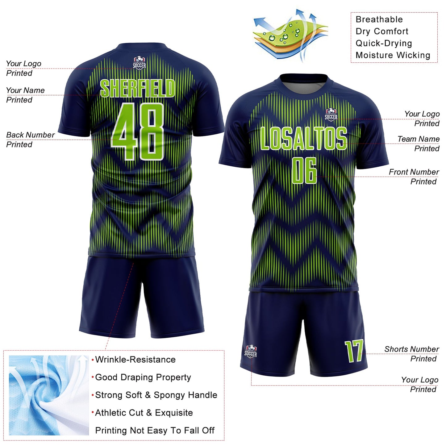 Custom Navy Neon Green-White Line Sublimation Soccer Uniform Jersey - Sky-Custom