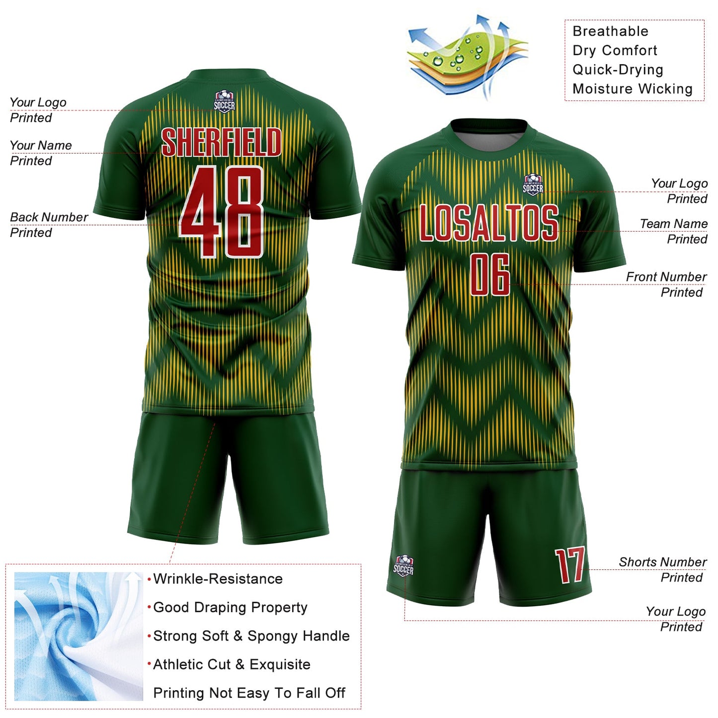 Custom Green Red-Gold Line Sublimation Soccer Uniform Jersey - Sky-Custom