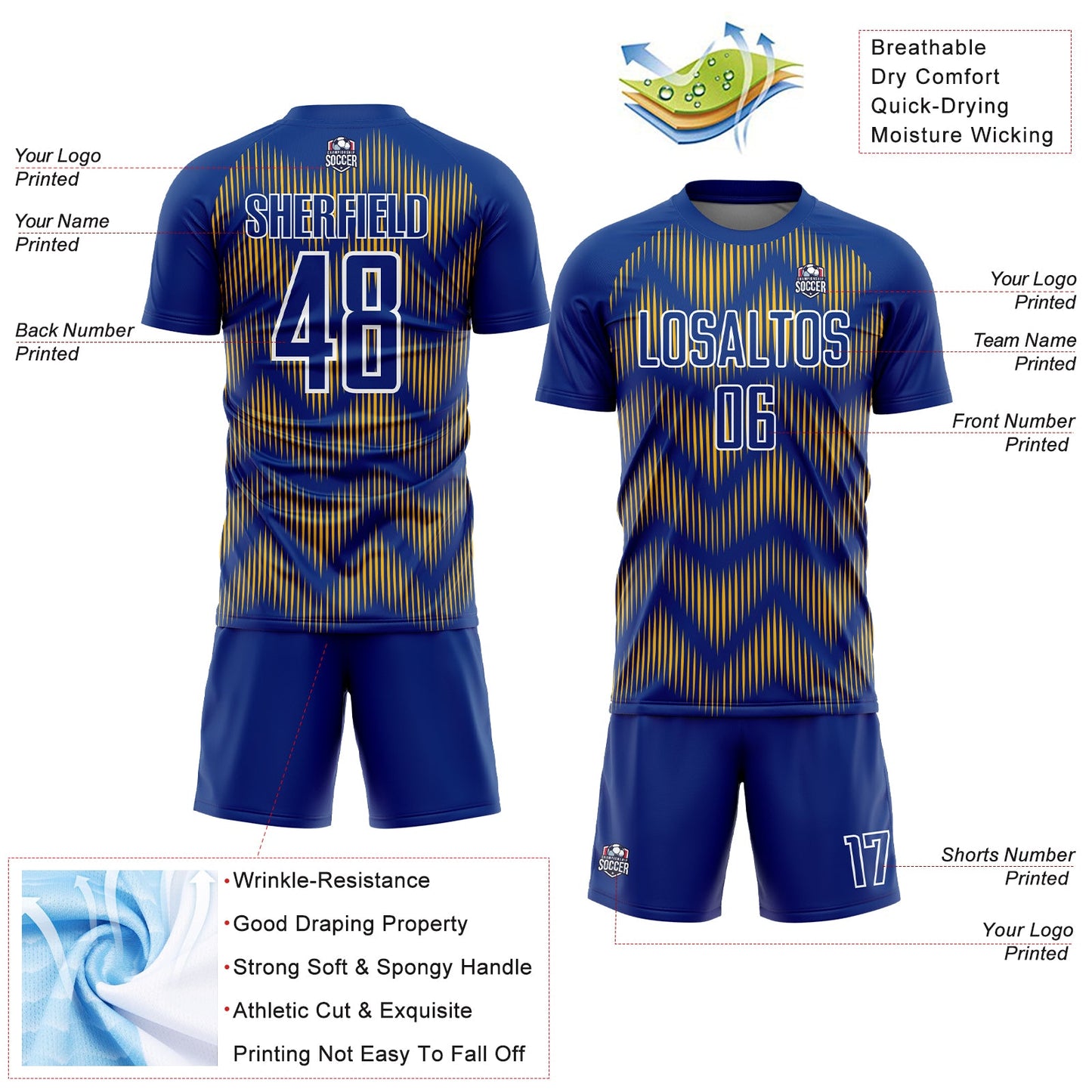 Custom Royal Gold-White Line Sublimation Soccer Uniform Jersey - Sky-Custom