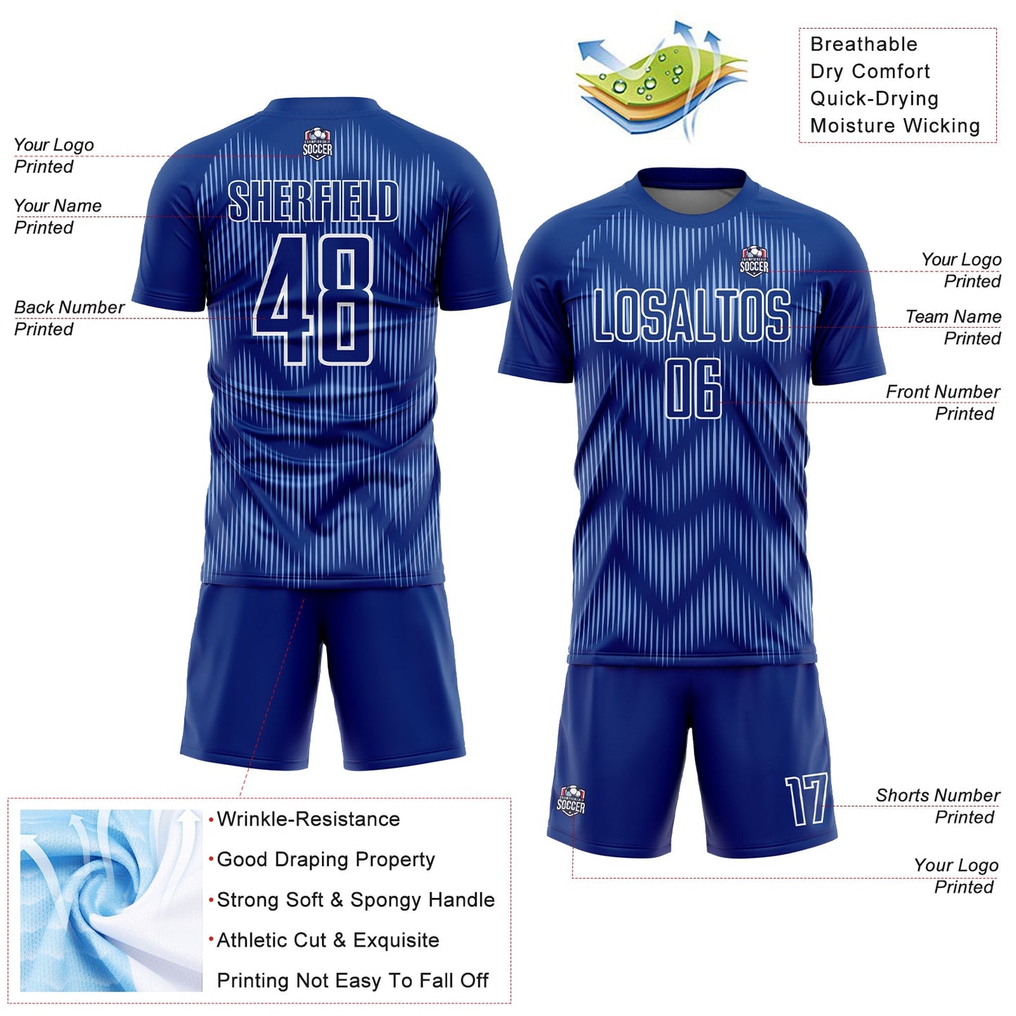 Custom Royal Light Blue-White Line Sublimation Soccer Uniform Jersey - Sky-Custom